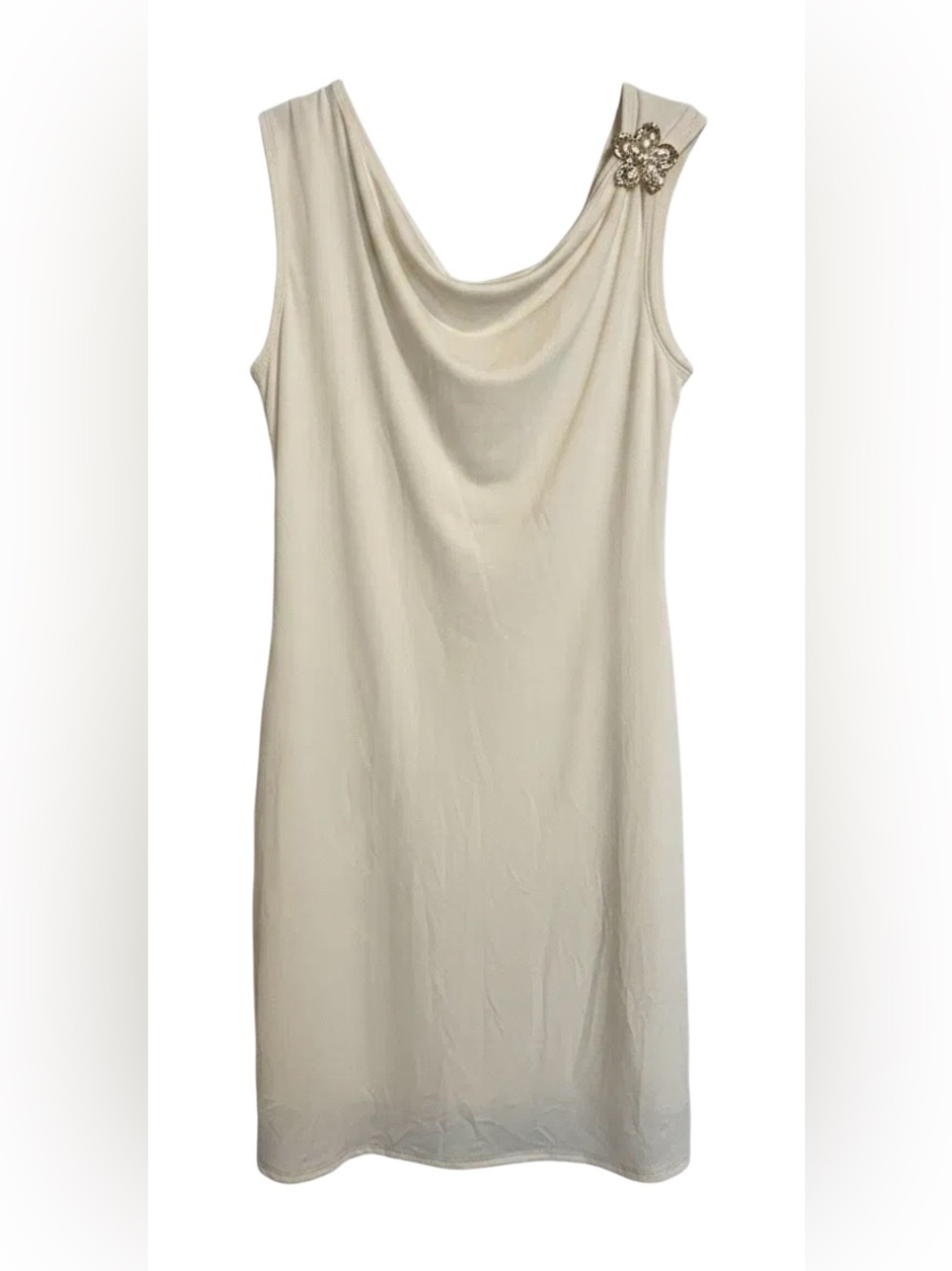See You Monday Cream Sleeveless Cowl Mini Dress with Brooch Accent